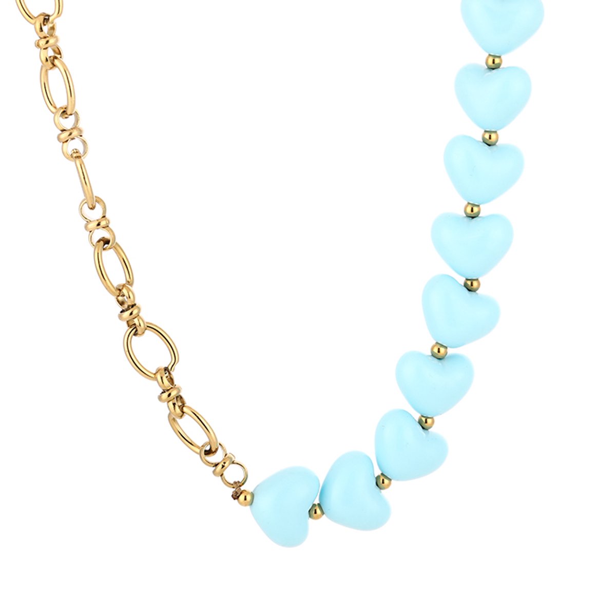 Heart Bead & Paperclip Chain Necklace – Harten Kralen Ketting – RVS - Blauw