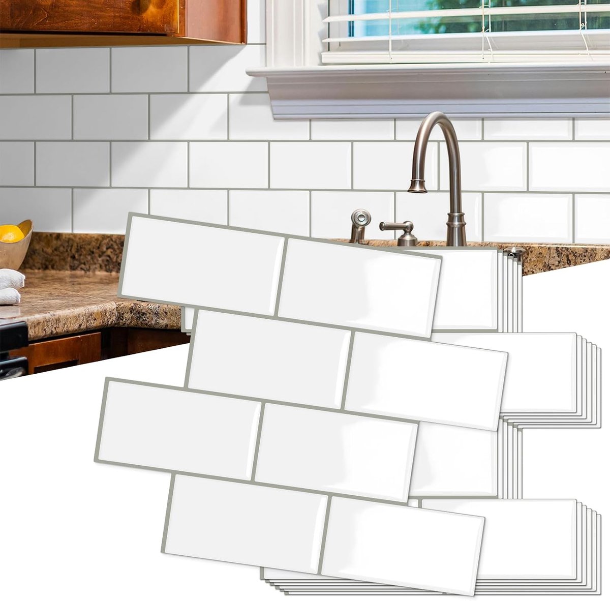 SnelShoppen - Upgrade Dikkere 3D Zelfklevende Pel-en-Plak Wandtegels Witte Metro voor Keuken, Badkamer, Woonkamer - Backsplash (10 Vel, 32 x 26,9 cm)