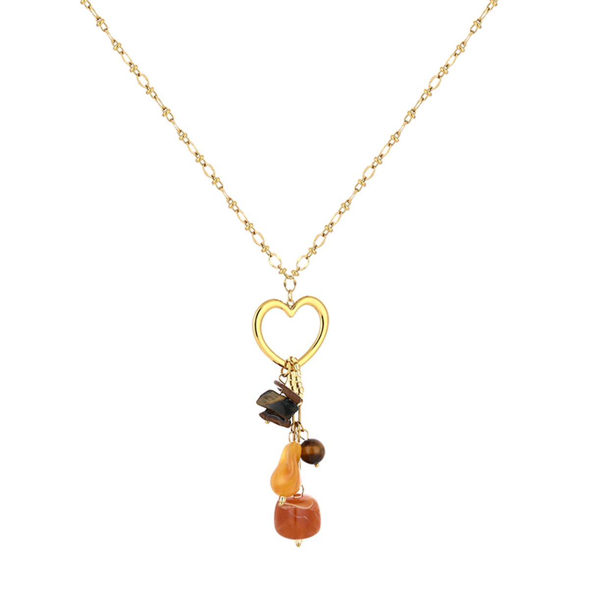 Heart Open Link & Gemstone Charms Satellite Chain Necklace – Love Ketting met Kralen – RVS - Bruin