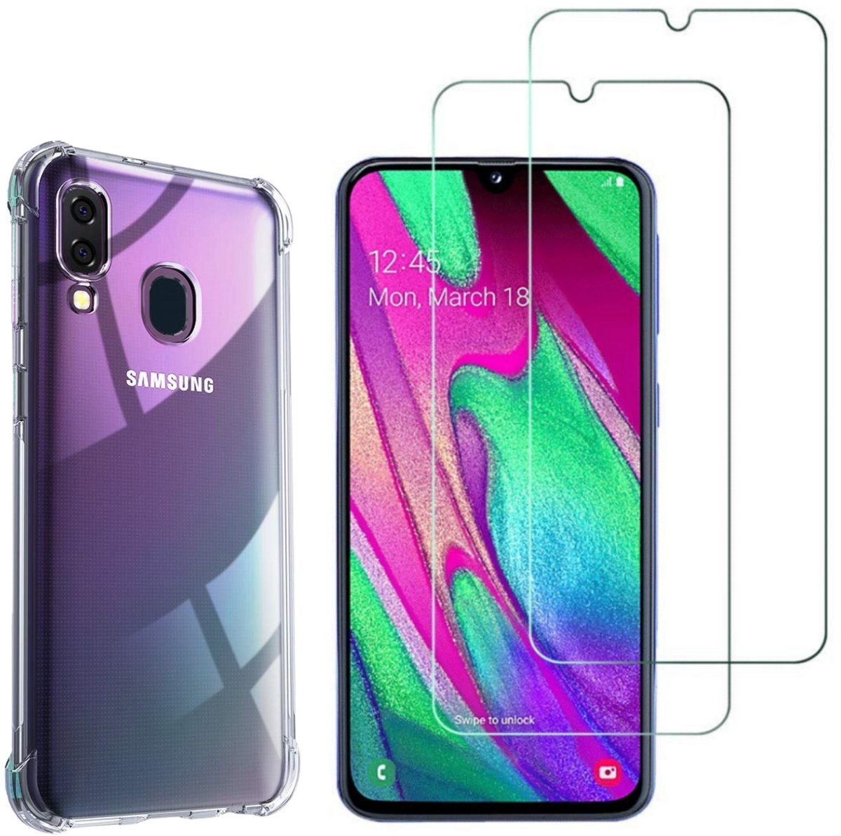 Hoesje geschikt voor Samsung Galaxy A40 backcover Shockproof siliconen Transparant en 2 stuks Screenprotector Gehard Glas