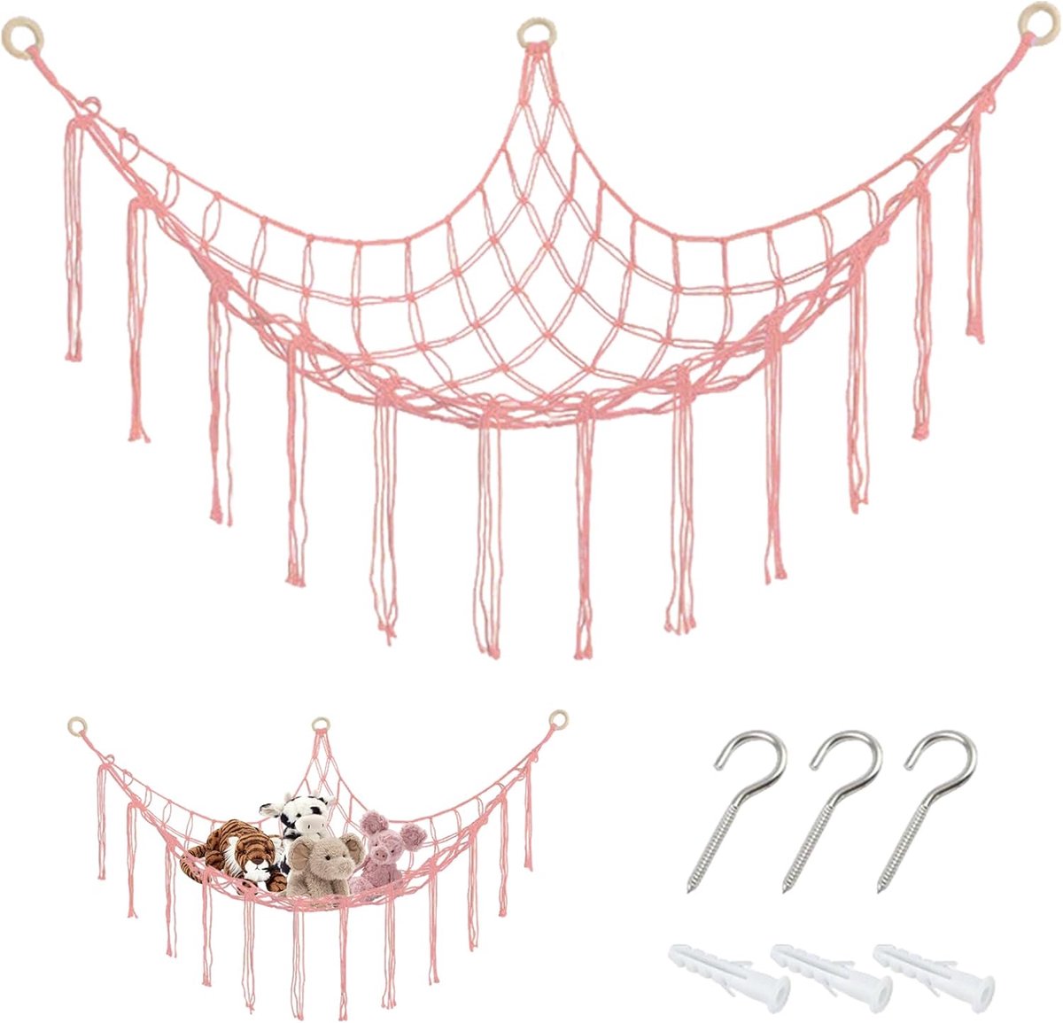 Opbergnet voor pluche speelgoed - speelgoedopbergnet - aan de muur te bevestigen geweven driehoekige netzak - opbergrek voor pluche dieren - opbergnet - geschikt als decoratieaccessoire voor de kinderkamer en babykamer - accessoires inbegrepen - roze