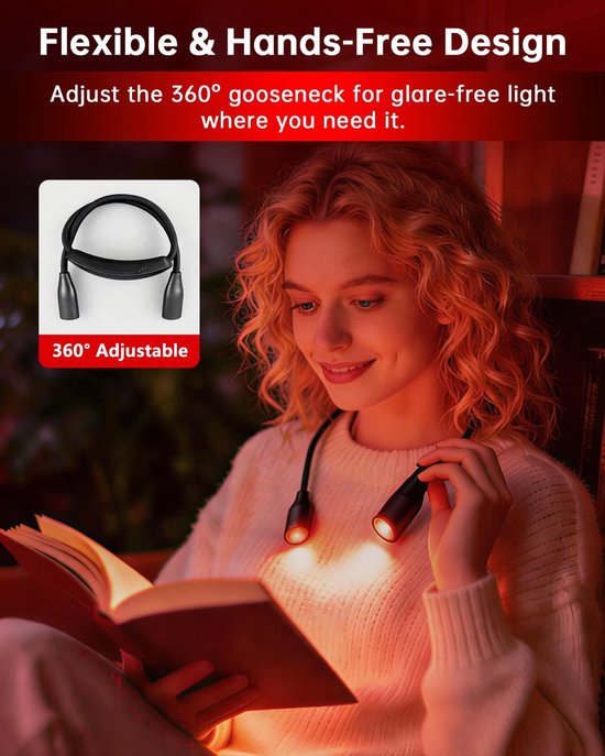 Leeslamp Boek - Boeklamp Klem - Ontspannen Lezen - Rood Licht Modus - 1 Watt - Zwart — afbeelding 5