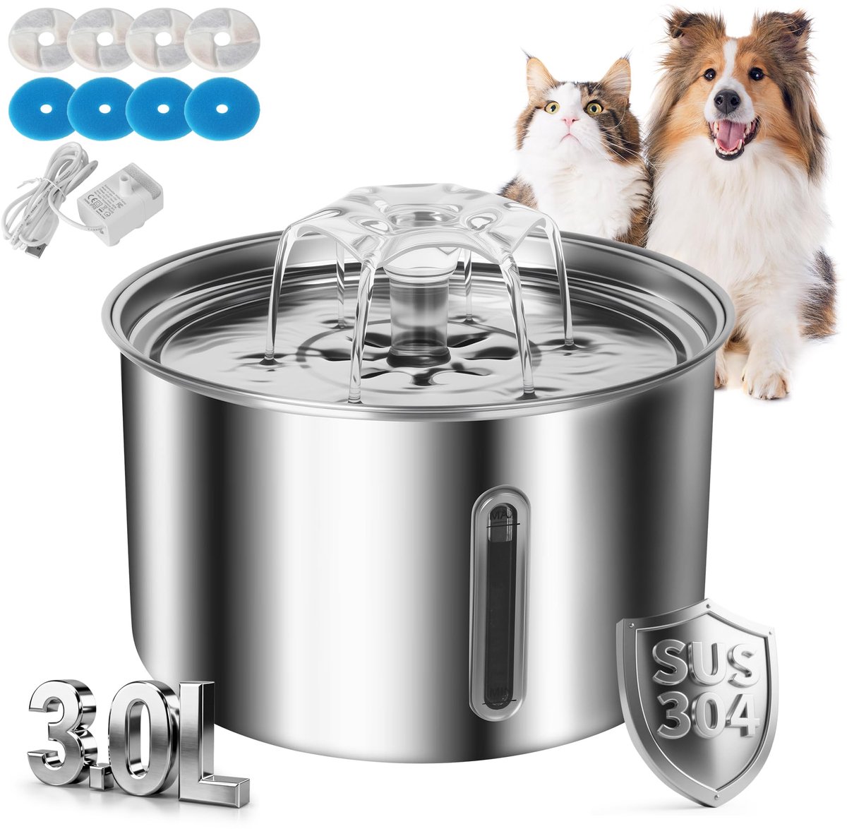 SnelShoppen - Kattenfontein RVS 3,0L - Superstille Drinkfontein voor Katten met Kabel, LED-Verlichting en Drielaags Filtersysteem - Handige Waterdispe