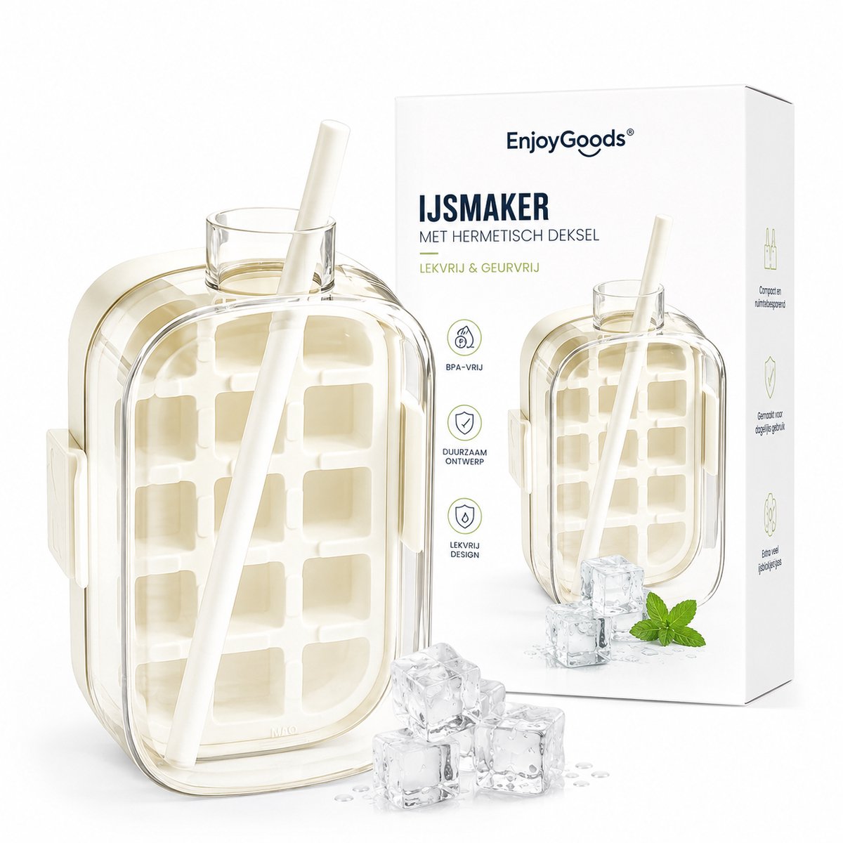 Image of EnjoyGoods® Siliconen IJsblokjesvorm met Deksel - 12 Grote IJsblokjes - 500 ML - Eenvoudige Ontgrendeling - Herbruikbare IJsblokjesmaker - BPA-vrij - Vaatwasserbestendig
