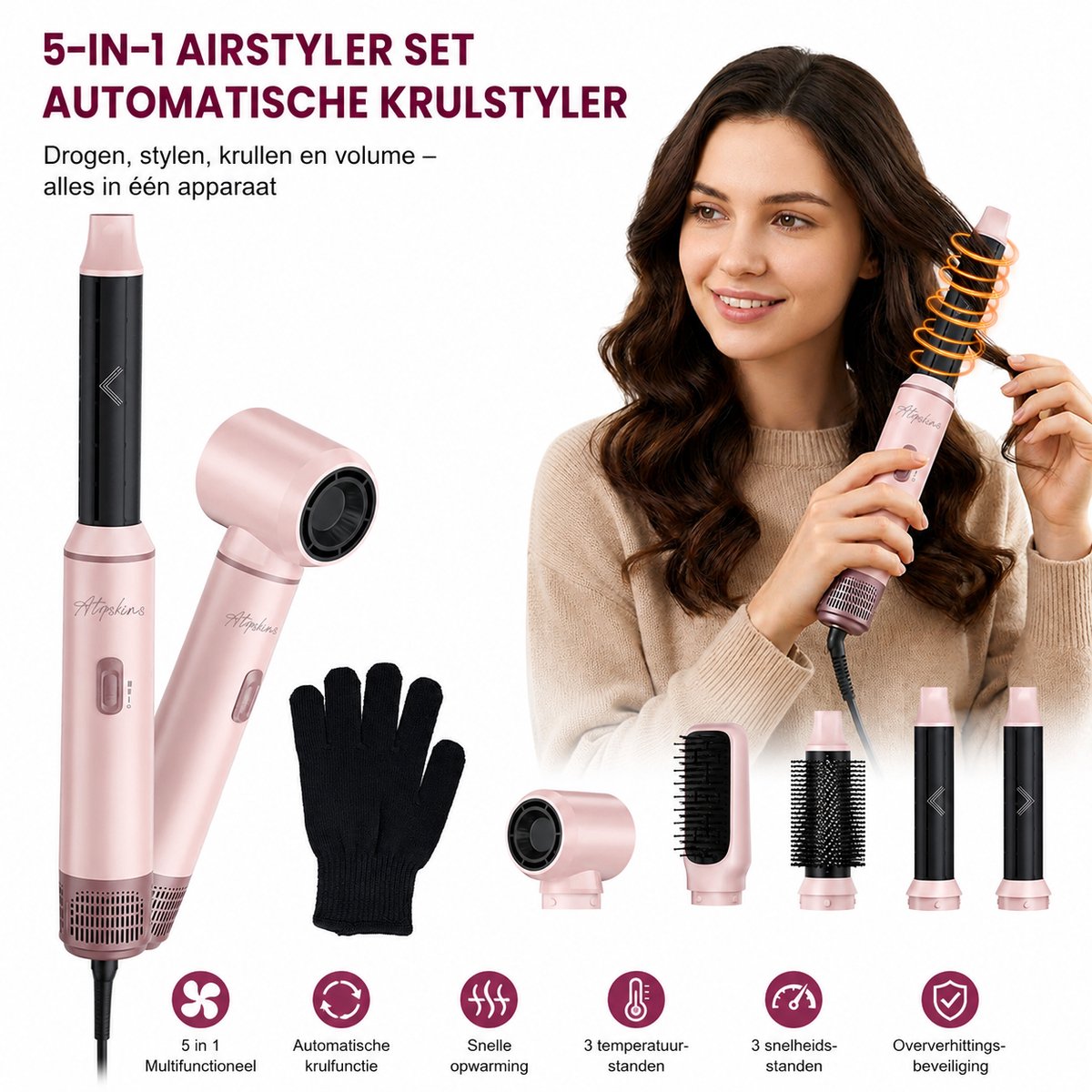 Seth Select 5-in-1 Heteluchtborstel – Föhnborstel - Air Styler met Haardroger, Krulborstel en Ronde Borstel – Haarstyler - Roze