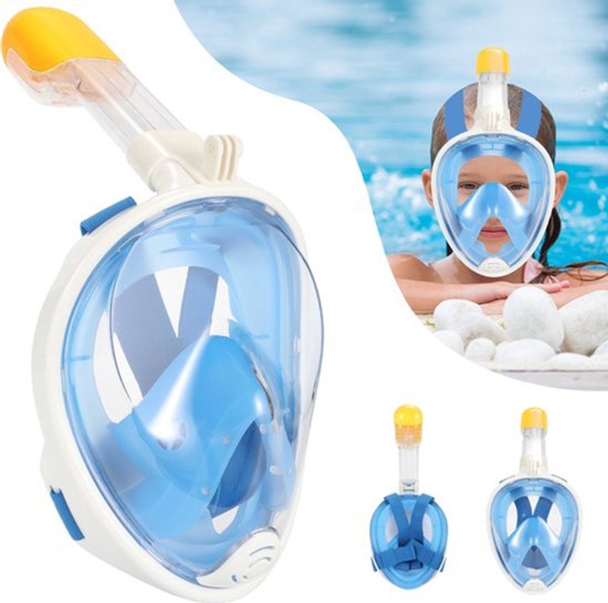 Kinder snorkelmasker - Blauwe snorkelset - Volledig gezichtsmasker - Duikmasker met snorkel, maat S/M - Geschikt voor een afstand van neus tot kin van 10 x 12 cm