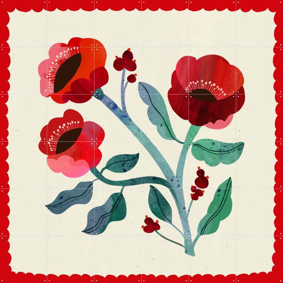 IXXI Red Flower, Lena Addink - 120 x 120 cm - Gratis ophangtool - Grote wanddecoratie en posters - Illustraties, Speels, Woonkamer, Slaapkamer