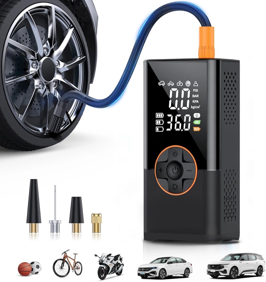 Draagbare bandenpomp 150 PSI - digitale drukmeter, 3x sneller, voor auto en fiets, zwart,Mini luchtcompressor voor motor, fiets en ballen