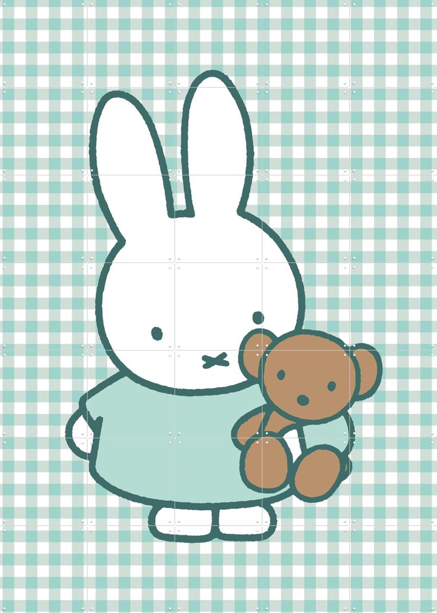IXXI Nijntje met Beer Geruit, Nijntje - 100 x 140 cm - Gratis ophangtool - Grote wanddecoratie en posters - Speels, Cartoonesk, Babykamer, Nijntje