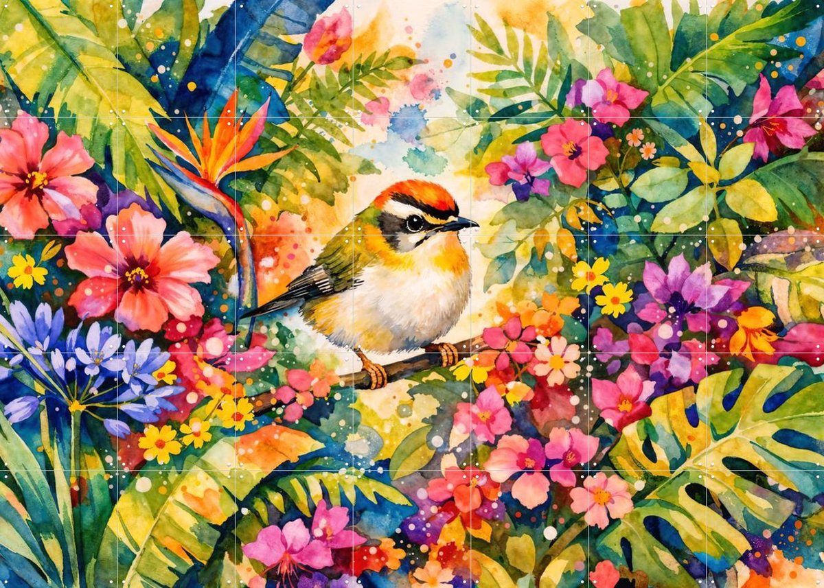 IXXI Goudhaantje Tussen Bloemen Jungle, Natalie Bruns - 140 x 100 cm - Gratis ophangtool - Grote wanddecoratie en posters - Digitale Kunst, Gang