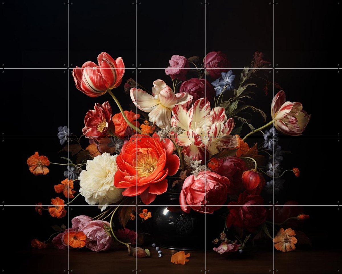 IXXI Bloemstuk op Vaas, Margriet Hulsker - 100 x 80 cm - Gratis ophangtool - Grote wanddecoratie en posters - Klassiek, Woonkamer, Eetkamer, Wilde
