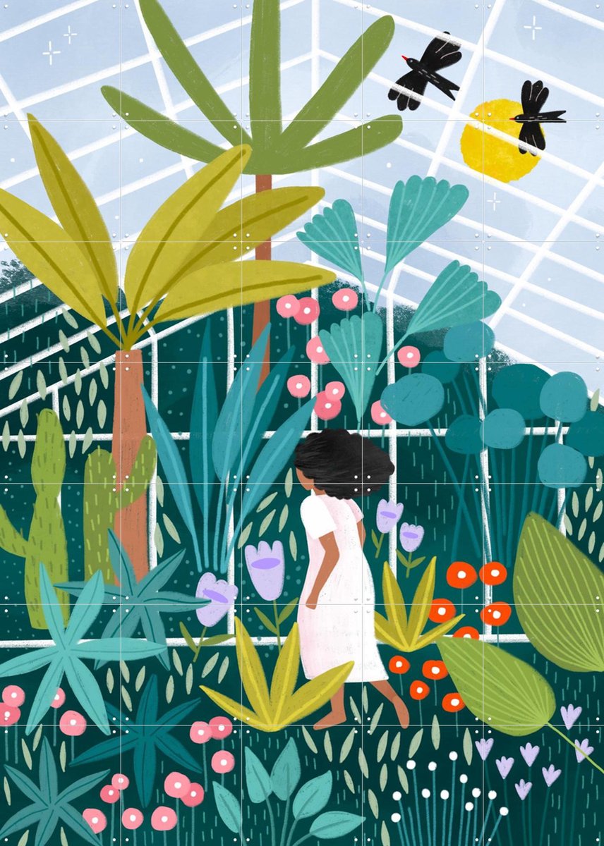 IXXI In The Green House, Bea Müller & Various - 100 x 140 cm - Gratis ophangtool - Grote wanddecoratie en posters - Kleurrijk, Speels, Illustraties