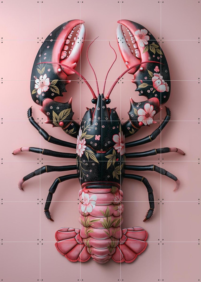 IXXI Pink Black Flower Lobster, OTTI - 100 x 140 cm - Gratis ophangtool - Grote wanddecoratie en posters - Gemengde Technieken, Surrealisme