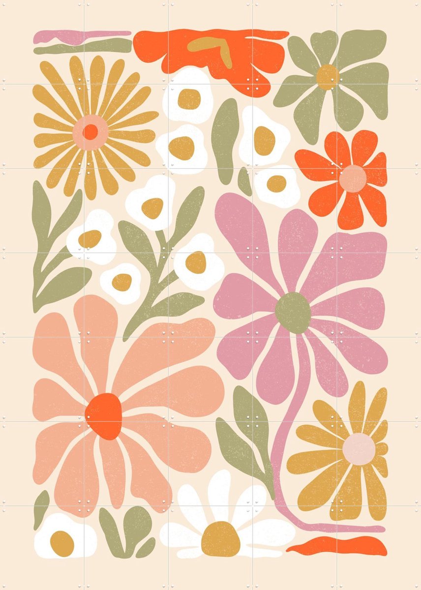 IXXI Flower Power Orange Pink, Katarzyna Gąsiorowska & Various - 100 x 140 cm - Gratis ophangtool - Grote wanddecoratie en posters - Retro, Kleurrijk