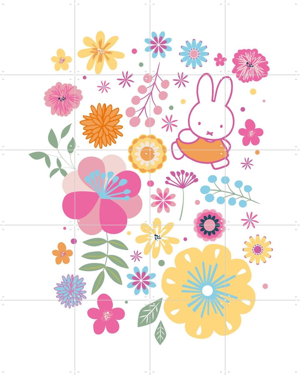 IXXI Nijntje met bloemen, Nijntje - 80 x 100 cm - Gratis ophangtool - Grote wanddecoratie en posters - Cartoonesk, Decoratieve kunsten, Kleurrijk, Pop