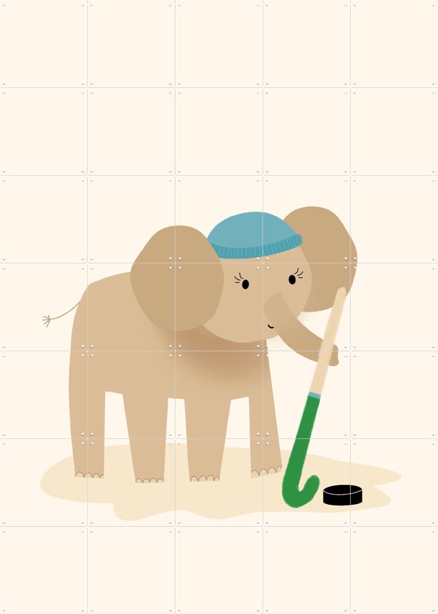 IXXI Hockey Olifant, Stadse Spruiten | door Miek illustreert - 100 x 140 cm - Gratis ophangtool - Grote wanddecoratie en posters - Speels, Cartoonesk