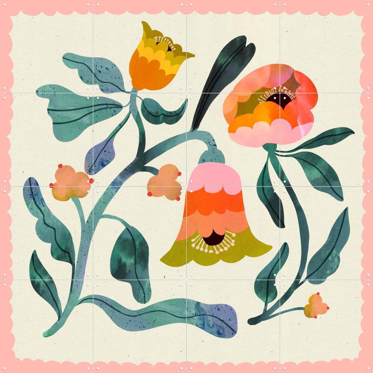IXXI Pastel Peach Flower, Lena Addink - 80 x 80 cm - Gratis ophangtool - Grote wanddecoratie en posters - Illustraties, Speels, Modern, Gang