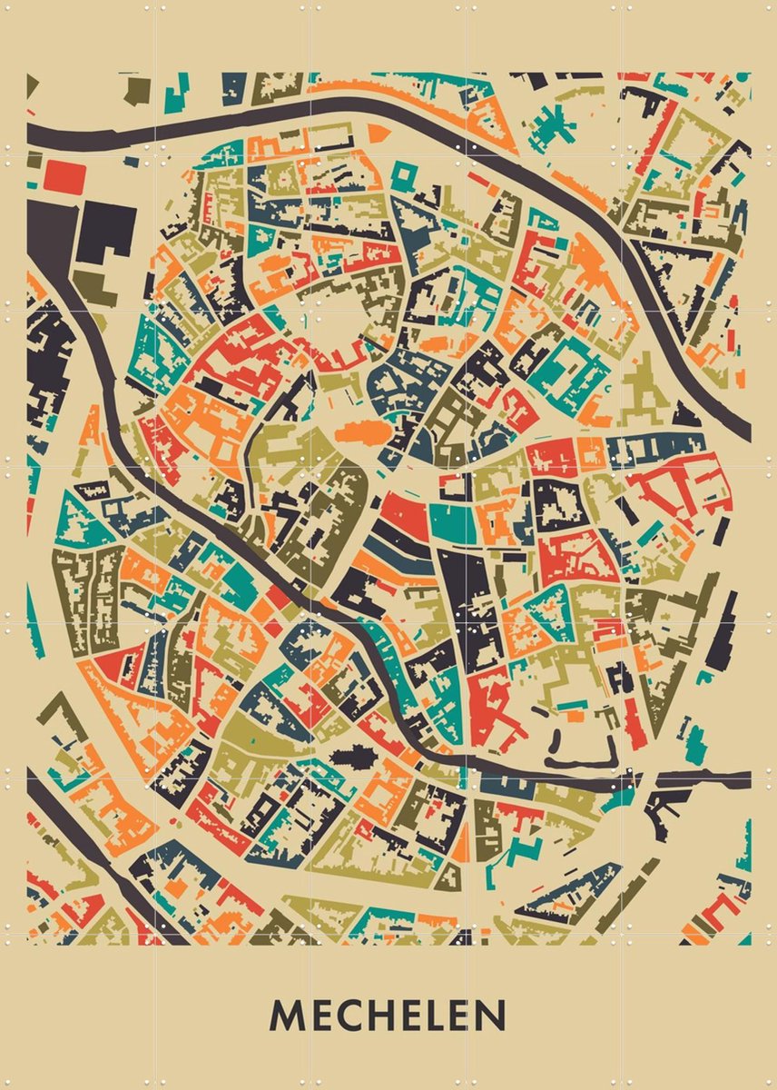 IXXI Mechelen Mosaic Map, Kunst in Kaart - 100 x 140 cm - Gratis ophangtool - Grote wanddecoratie en posters - Modern, Vintage, Kleurrijk, Digitale