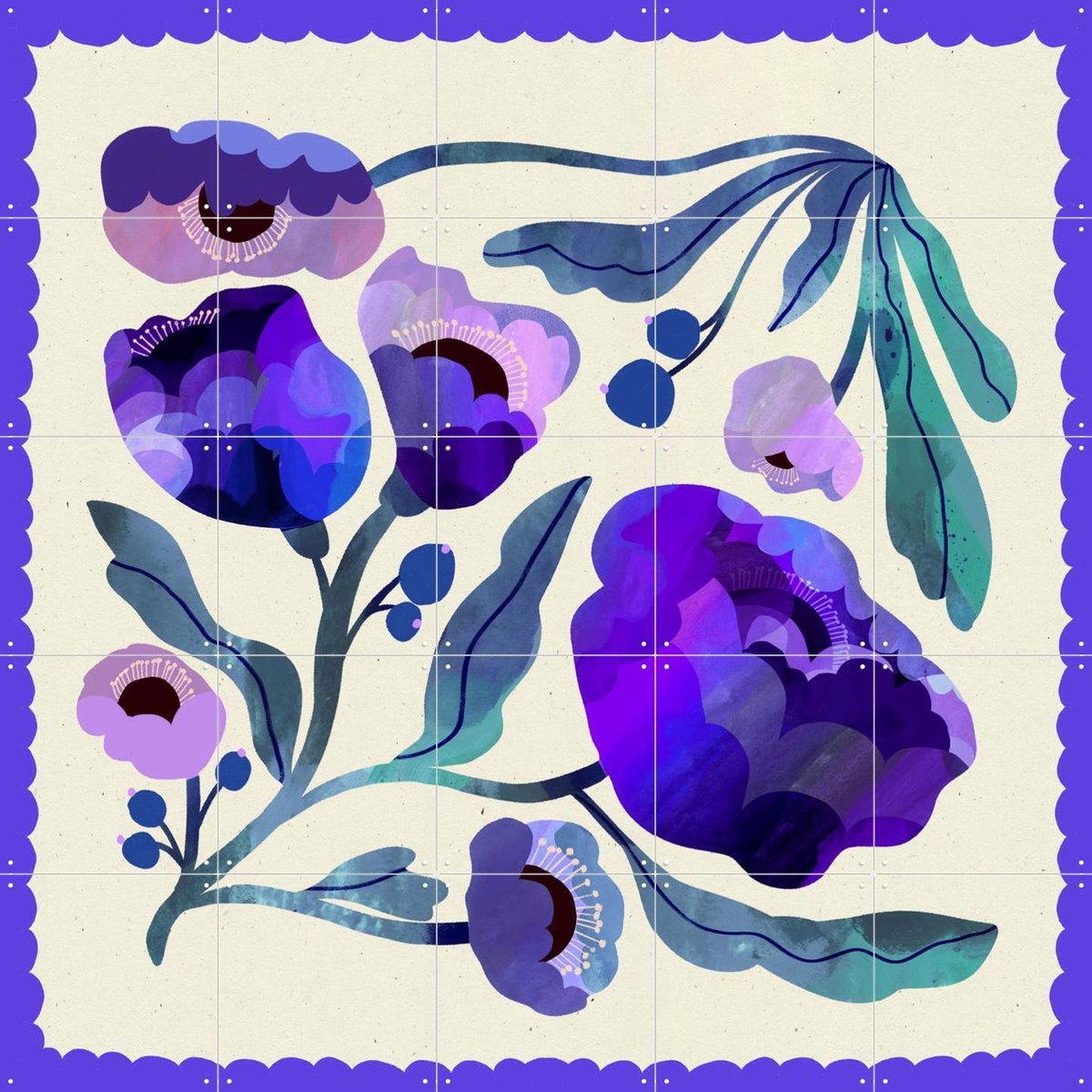 IXXI Blueberry Blue Flower, Lena Addink - 100 x 100 cm - Gratis ophangtool - Grote wanddecoratie en posters - Speels, Illustraties, Studeerkamer