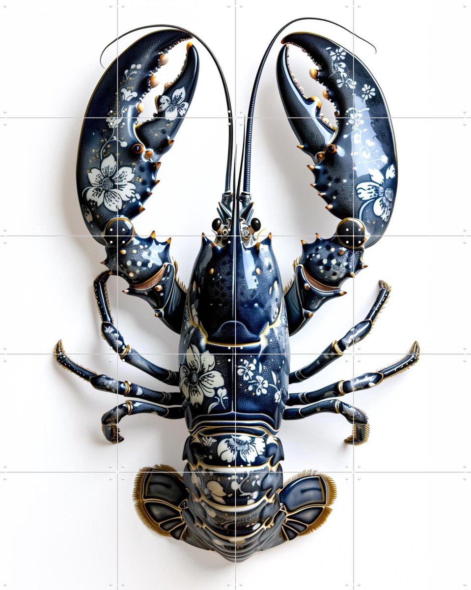 IXXI Lobster in Delft Blue Floral Porcelain Style, OTTI - 80 x 100 cm - Gratis ophangtool - Grote wanddecoratie en posters - Ornamenteel Ontwerp