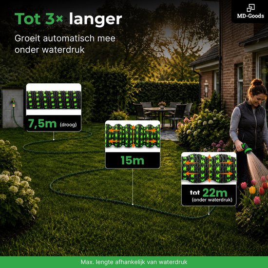 Groene, flexibele tuinslang die uitzet van 7,5m naar 22m onder waterdruk. Met MD-Goods logo.