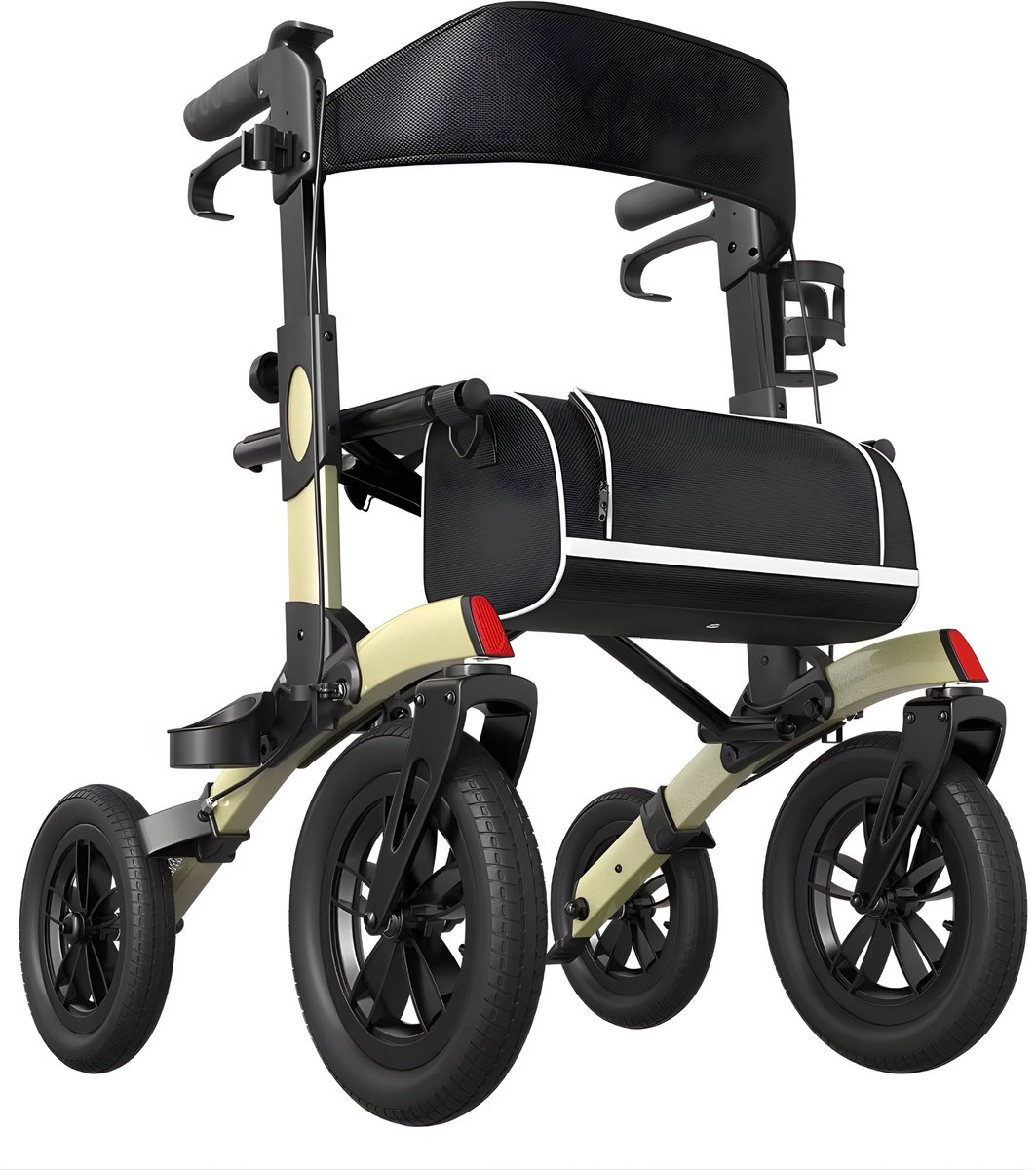 Mobiliteitswalker – Voor dagelijks en buitengebruik – Gecombineerde walker & transportstoel, opvouwbare alles-in-één ondersteuning – Champagne