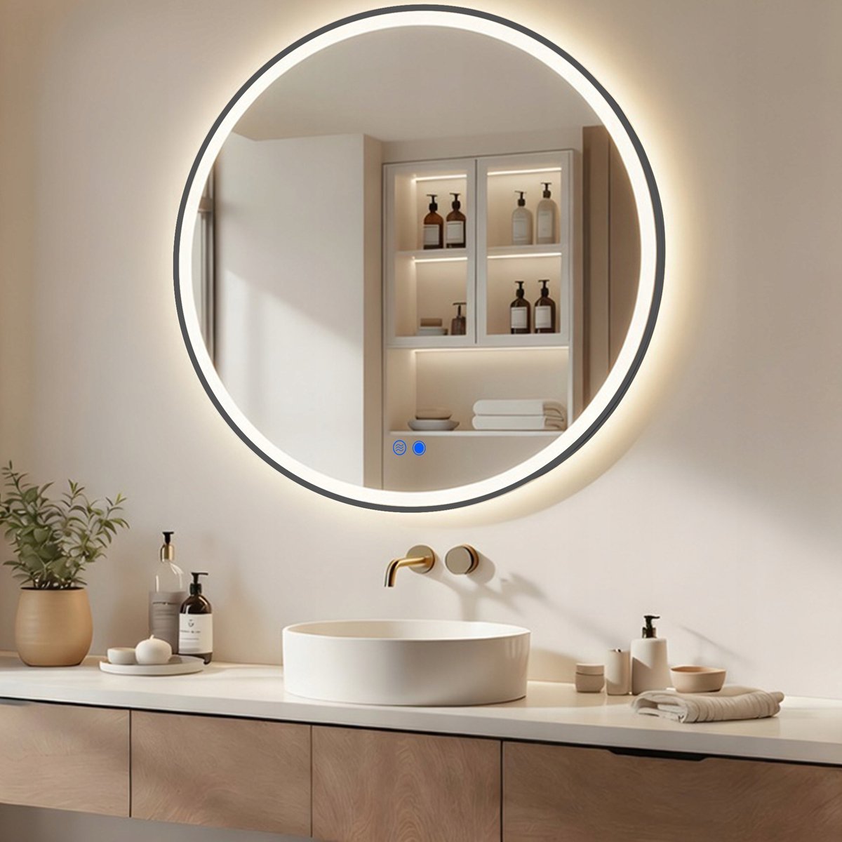 GLASMO Badkamerspiegel 80x80cm Mat Zwart LED Rond