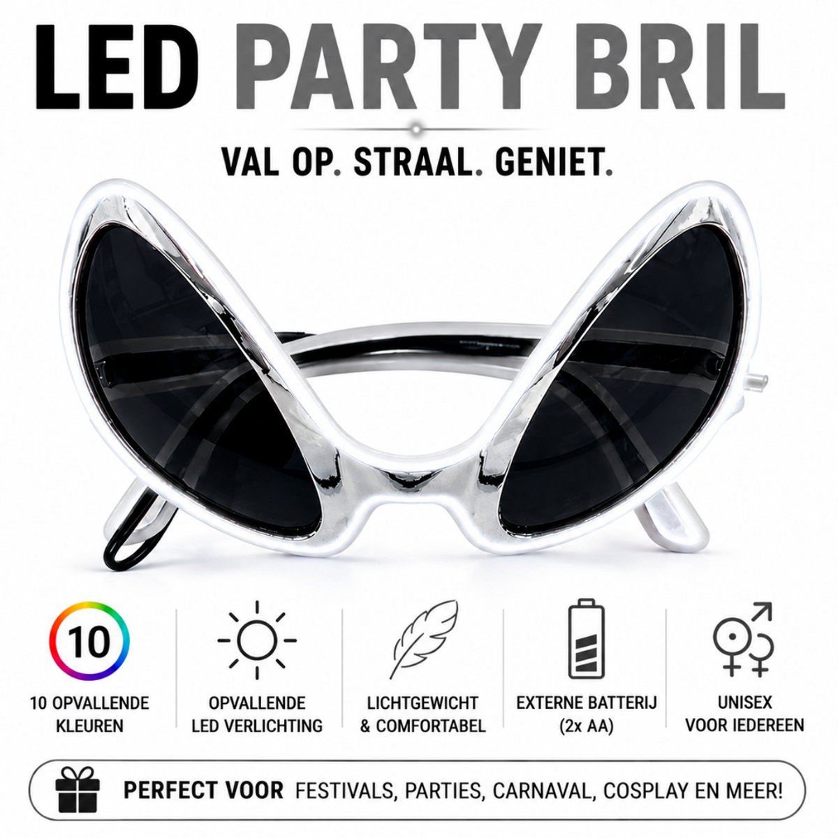 GlowAlien LED Bril – Festival & Party Bril – Koningsdag & Carnaval – Wit Licht – 3 Lichtmodi