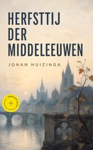 Boek 'Herfsttij der Middeleeuwen' van Johan Huizinga, met een schilderij van een middeleeuwse stad met een rivier en brug.