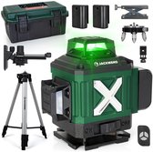Groene JACKMEND 4D kruislijnlaser met statief en accessoires. Zelfnivellerende laser met 'X' logo op de zijkant en groene lichtstralen.