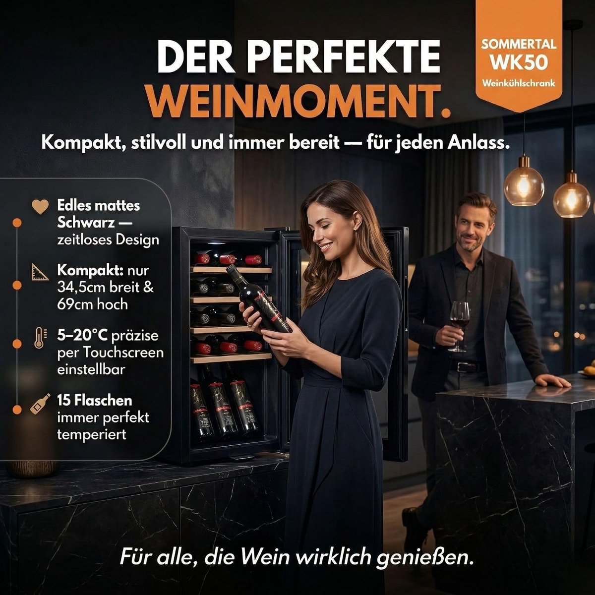 Wijnkoelkast met glazen deur (15 flessen - 5 – 20 ºC - instelbaar - met slot - LED-verlichting - glazen deur - touchscreen - 4 houten legplanken - stil - energiebesparend)