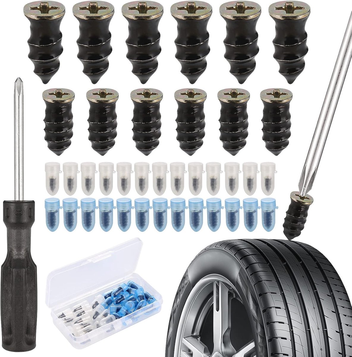 30-delige bandenreparatieset (inclusief schroevendraaier) - met rubberen omhulsel (willekeurige kleur) - 15 kleine + 15 grote - verdiepte schroefdraad - verdikte rubberen coating - ideaal voor snelle doe-het-zelf reparaties van auto- en motorbanden.
