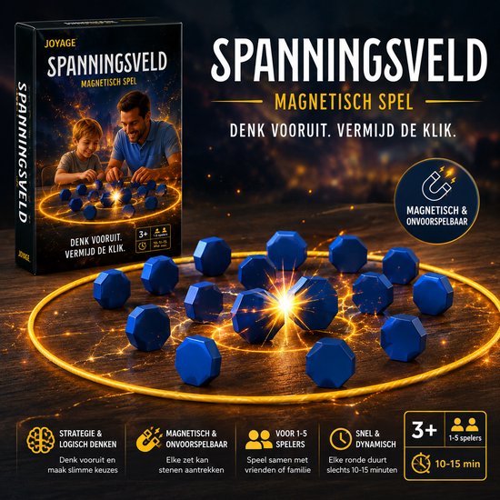 Spanningsveld magnetisch spel met blauwe stenen op een geel touw, straalt magische energie uit.