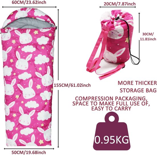 Slaapzak Kinderen - Kampeerslaapzak Compact - Kamperen en Hiken - Waterdicht en Ademend - Tot 155cm Lengte - Roze — afbeelding 5