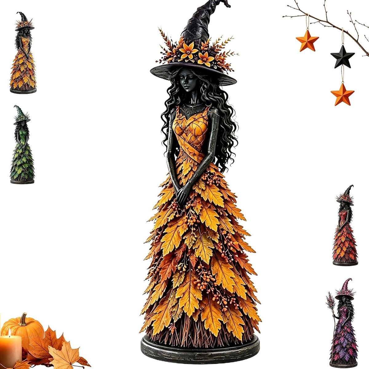 Halloween Heksenbeeld - Hars - herfstheksbeeldje - Halloween Decoratie - Beeld - Bureaudecoratie - geschikt for een schoorsteenmantel of woondecoratie - 17x6.5x6.5cm - geel