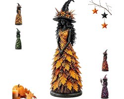 Halloween Heksenbeeld - Hars - herfstheksbeeldje - Halloween Decoratie - Beeld - Bureaudecoratie - geschikt for een schoorsteenmantel of woondecoratie - 17x6.5x6.5cm - geel