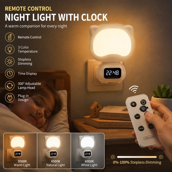 Katten Nachtlamp met Digitale Klok - LED Wandlamp met Afstandsbediening, 3 Lichtkleuren, Dimbaar, 300° Draaibaar, Timerfunctie & Oplaadbare Batterij - Slaapkamerlamp voor Kinderen en Volwassenen — afbeelding 4