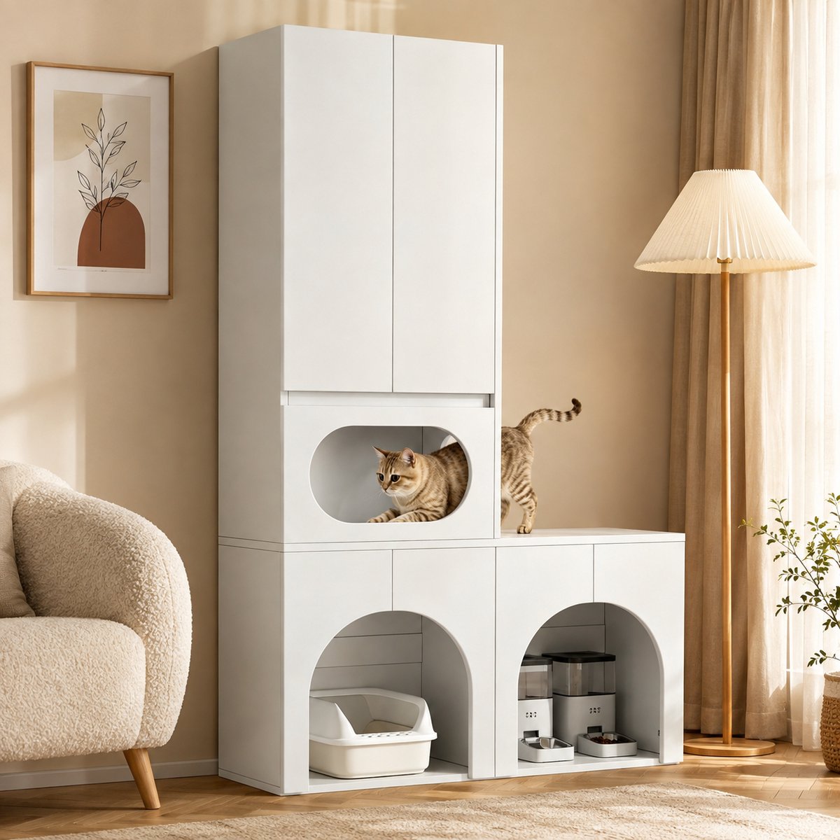 Kattenbak kast - Opbergkast - Hoge kast - 2-in-1 Kast - Kattenhok - Met een rustplaats - Met opbergruimte - 140x45x195 cm - Biedt plaats aan twee kattenbakken - Geschikt voor zowel katten als honden - Wit