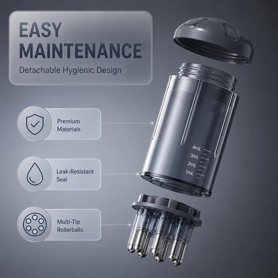Gedemonteerde haarserumapplicator met multi-tip rollerballs, premium materialen en lekvrije afdichting.
