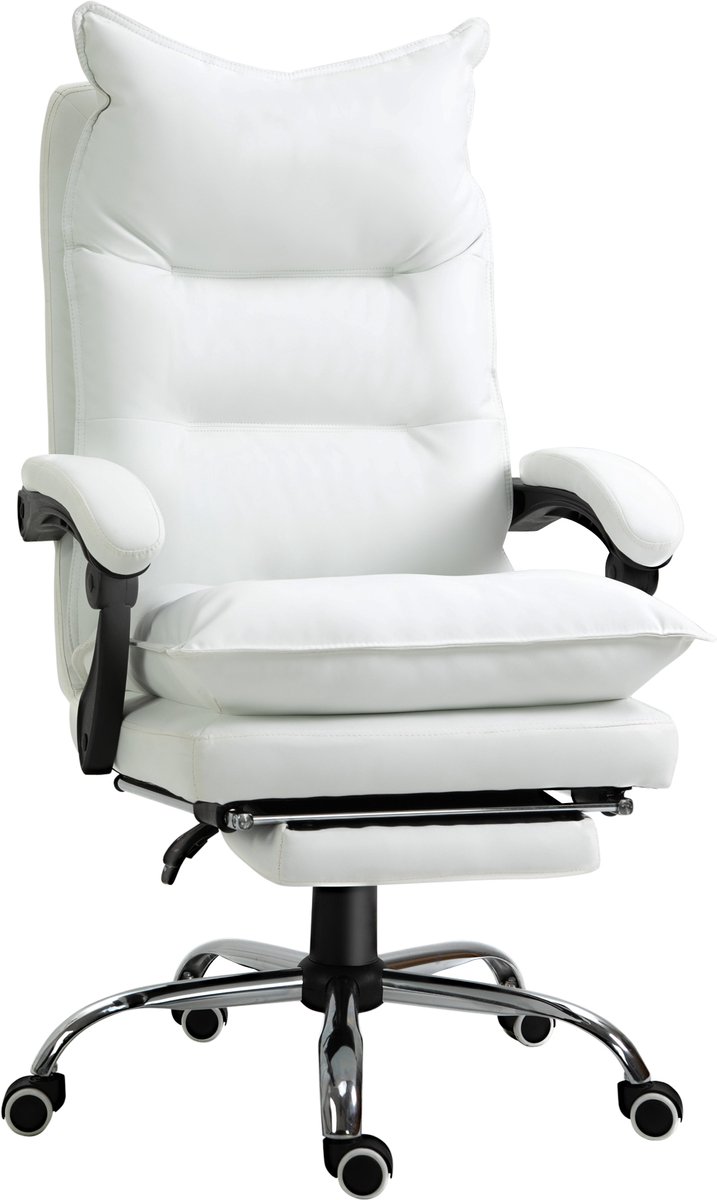 Ergonomische Bureaustoel Schreibtischstoel Met Ligfunctie Voetensteun Hoogte Verstelbaar 66x72x122-130 cm Wit Metaal Kunstleer Draaistoel Rugleuning Verstelbaar 360 Roterend Computerstoel Comfort Stoel Belastbaar 135 kg