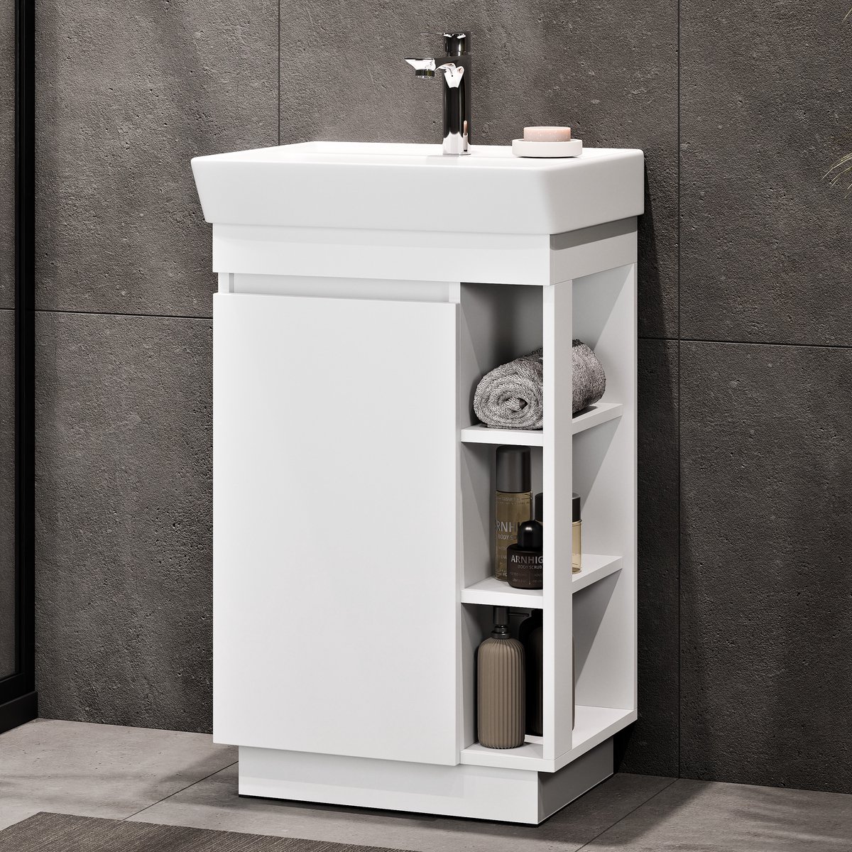 Planetmöbel NYX - Wastafelonderkast 50 cm - Mat wit - Met wastafel en kraan chroom