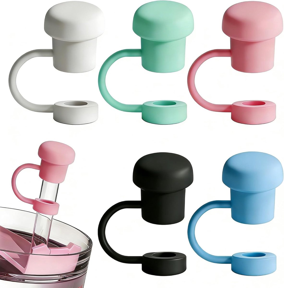 KZQ 6-delige accessoireset voor bekers - Rietje deksel - Siliconen rietje deksel voor bekers van 880/1290 ml - Geschikt voor plastic rietjes van 10 mm - Roze/Zwart/Blauw/Lichtgroen/Wit