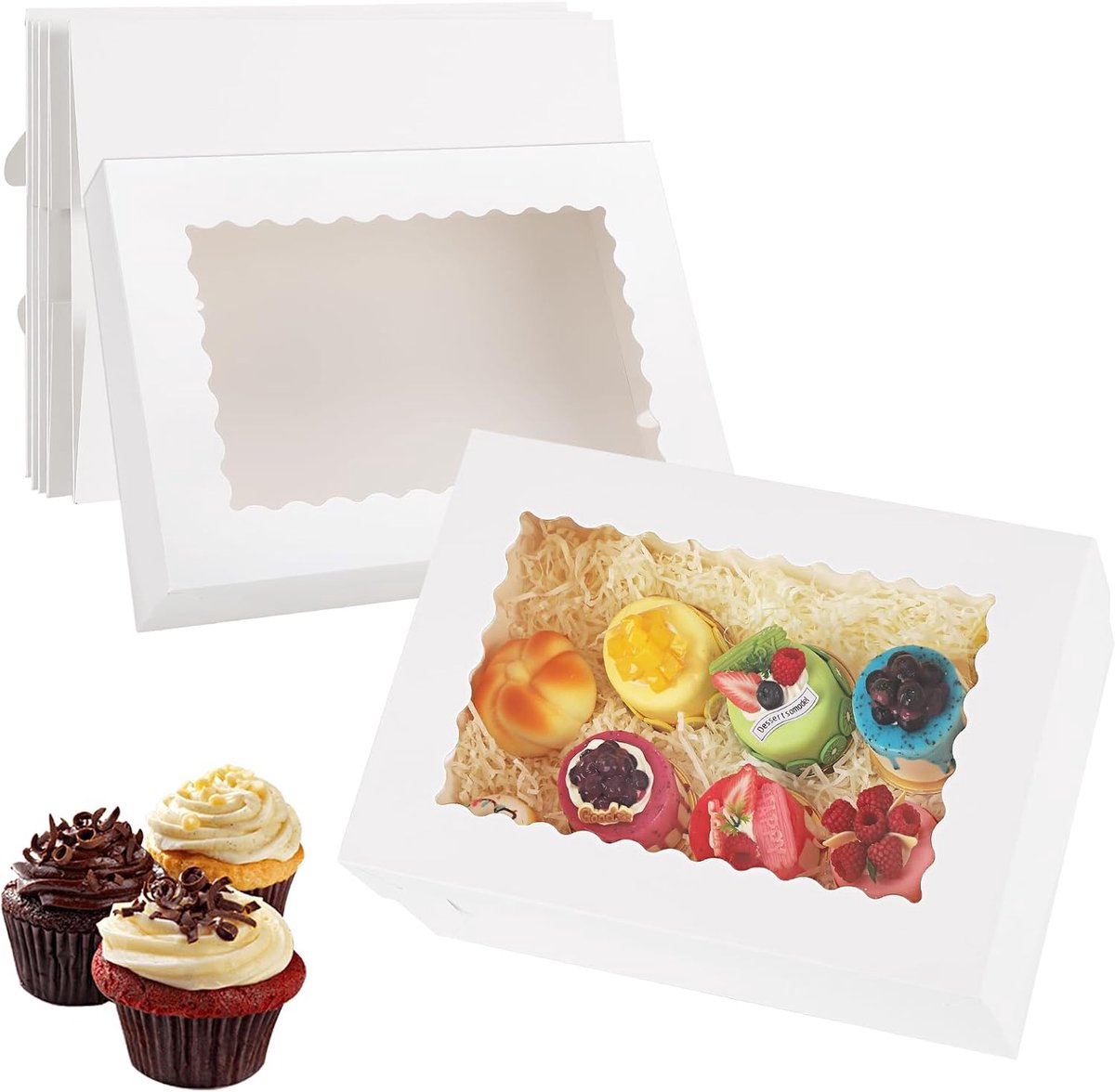 KZQ 12-pack Cupcake-dozen - Rechthoekige taartdoos - Met venster - Geschikt voor het verpakken van taarten, gebak, donuts, koekjes, cupcakes en vlaaien- Wit