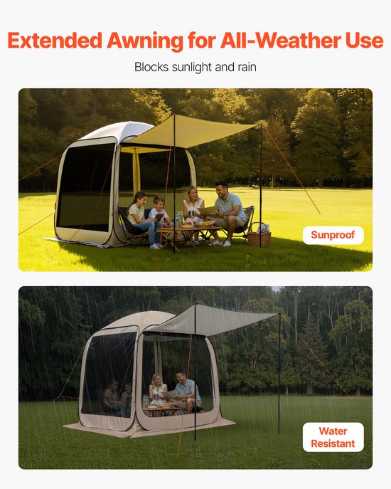 Opvouwbare Campingtent, 182,88 X 182,88 X 219,4 cm, Tent met Uitschuifbare Luifel, Geschikt voor 4-6 Personen, Inclusief Draagtas en Zijwanden, Ideaal voor Terras en Buitengebruik, Beige — afbeelding 4