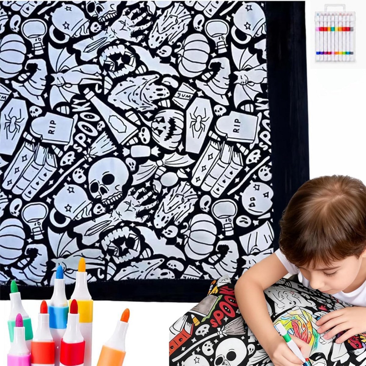 DIY Kleurdeken Met 12 Stiften - 150 × 125 Cm - Halloween-Patronen - Wasbaar - Kleurdekens Voor Volwassenen - Fluwelen Kleurdeken - Gezellige Woondecoratie - DIY - Geschikt Voor Thuisgebruik, Feestjes En Groepsactiviteiten