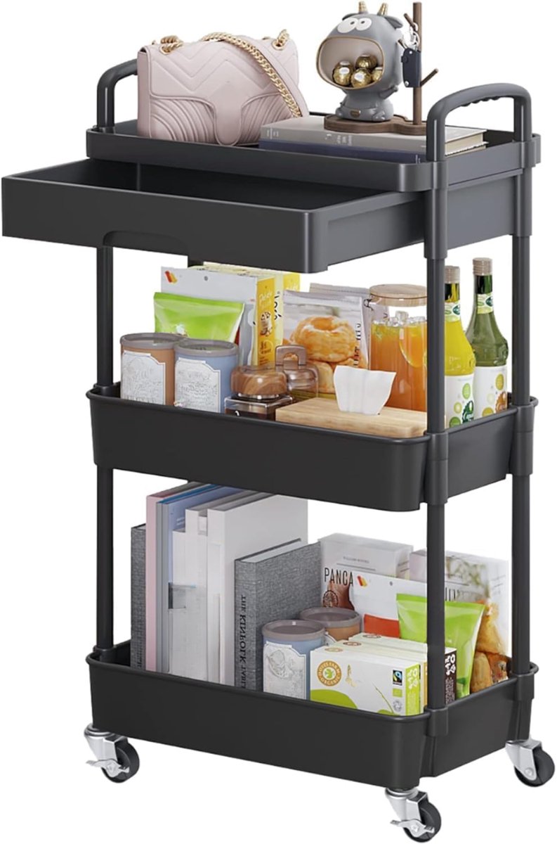 Ploutos® Keukentrolley - Compacte Serveerwagen - Keukentrolley op Wieltjes - Zwart - 40cm x 30cm x 78cm