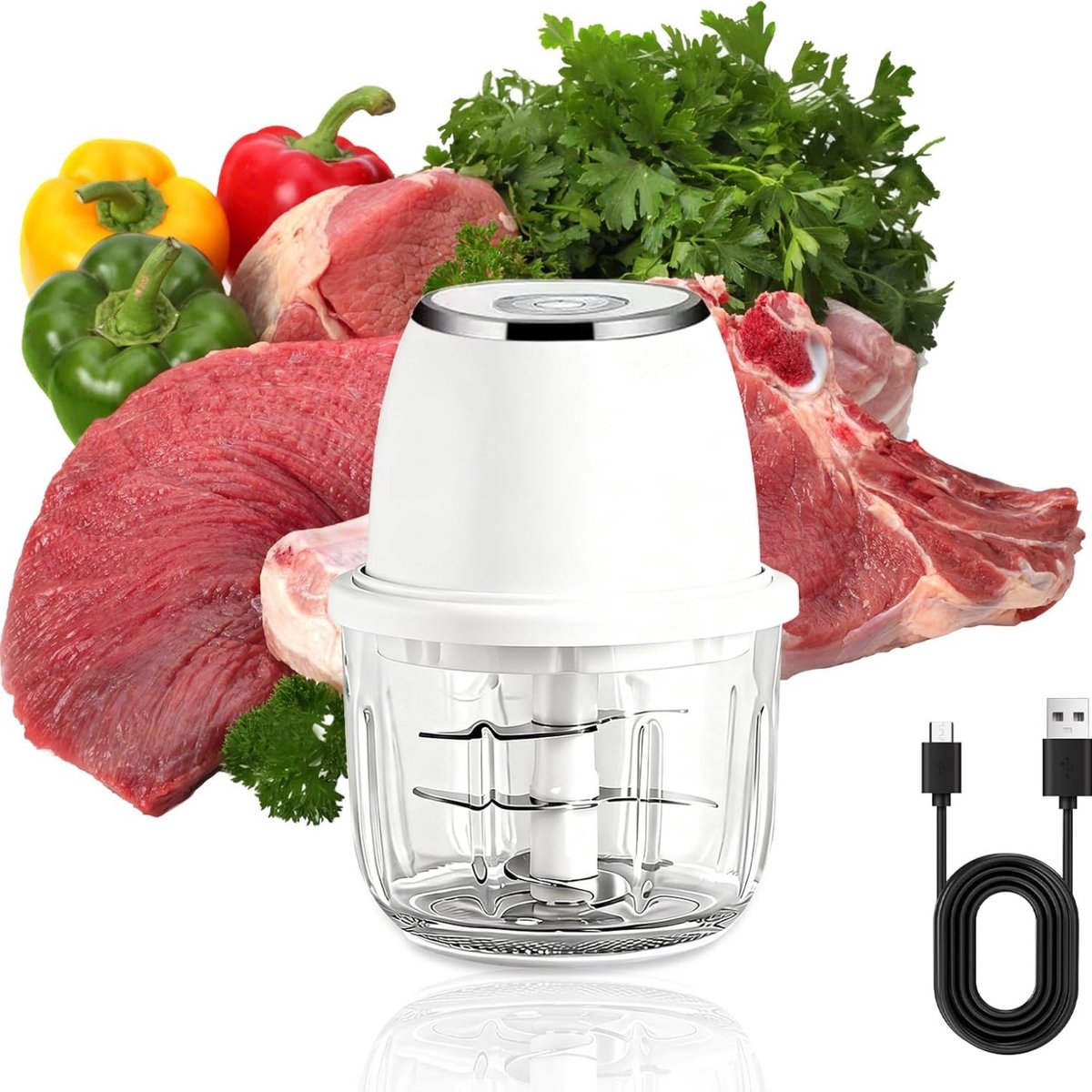 Elektrische Hakmolen - Mini Groentehakker - 350 ml - 6 RVS Messen - USB-C Oplaadbaar - Voor Ui, Groenten, Vlees en Fruit - Wit