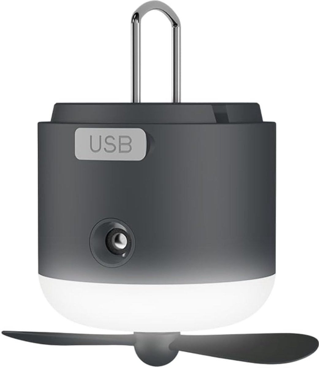 SnelShoppen - 4-in-1 LED Campinglamp, Oplaadbaar USB met Ventilator, Spray, 4 Helderheidsniveaus, Mini Portable Tentlamp, Magnetische Campinglicht met