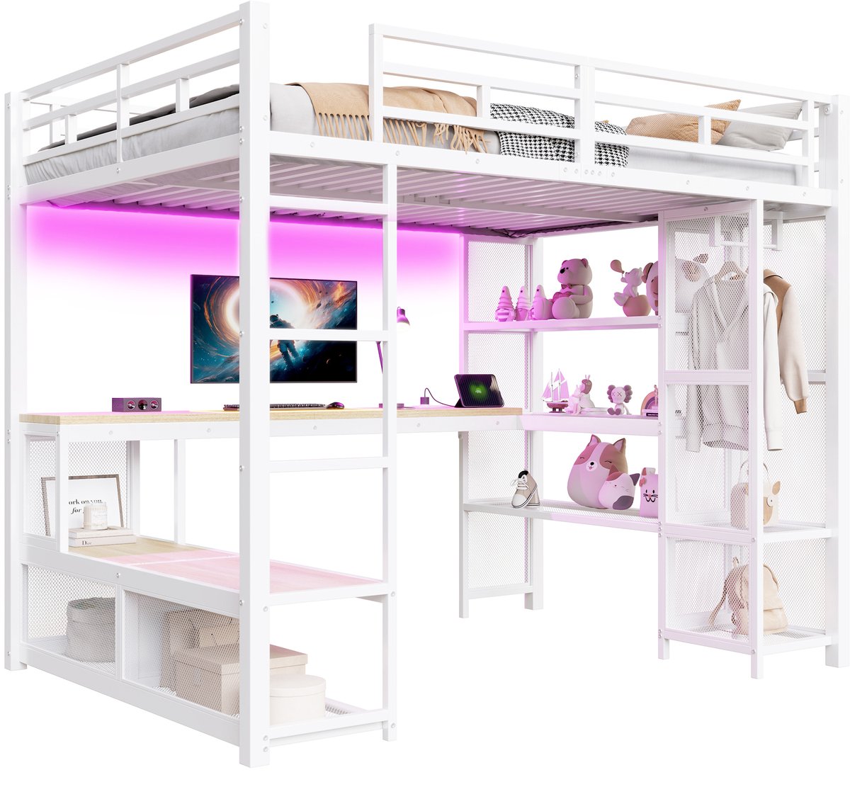Hoogslaper 140x200 cm met opbergruimte - open kledingkast - USB-poorten en LED-verlichting - wit - zonder matras