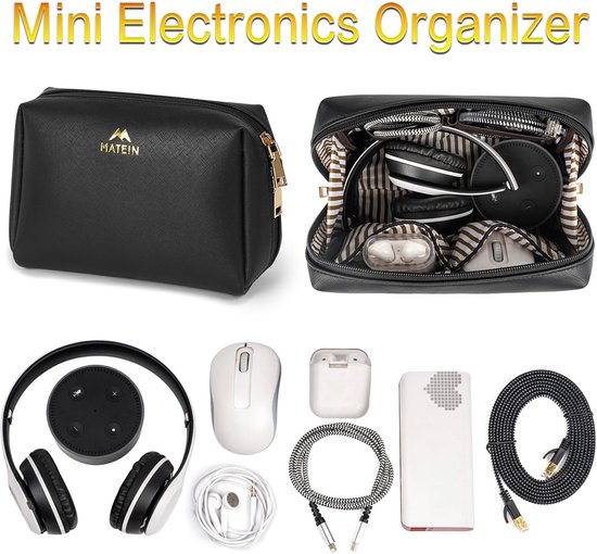 Zwarte mini-organizer voor elektronica, gevuld met koptelefoon, oordopjes en oplader. Toont ook losse elektronica items.